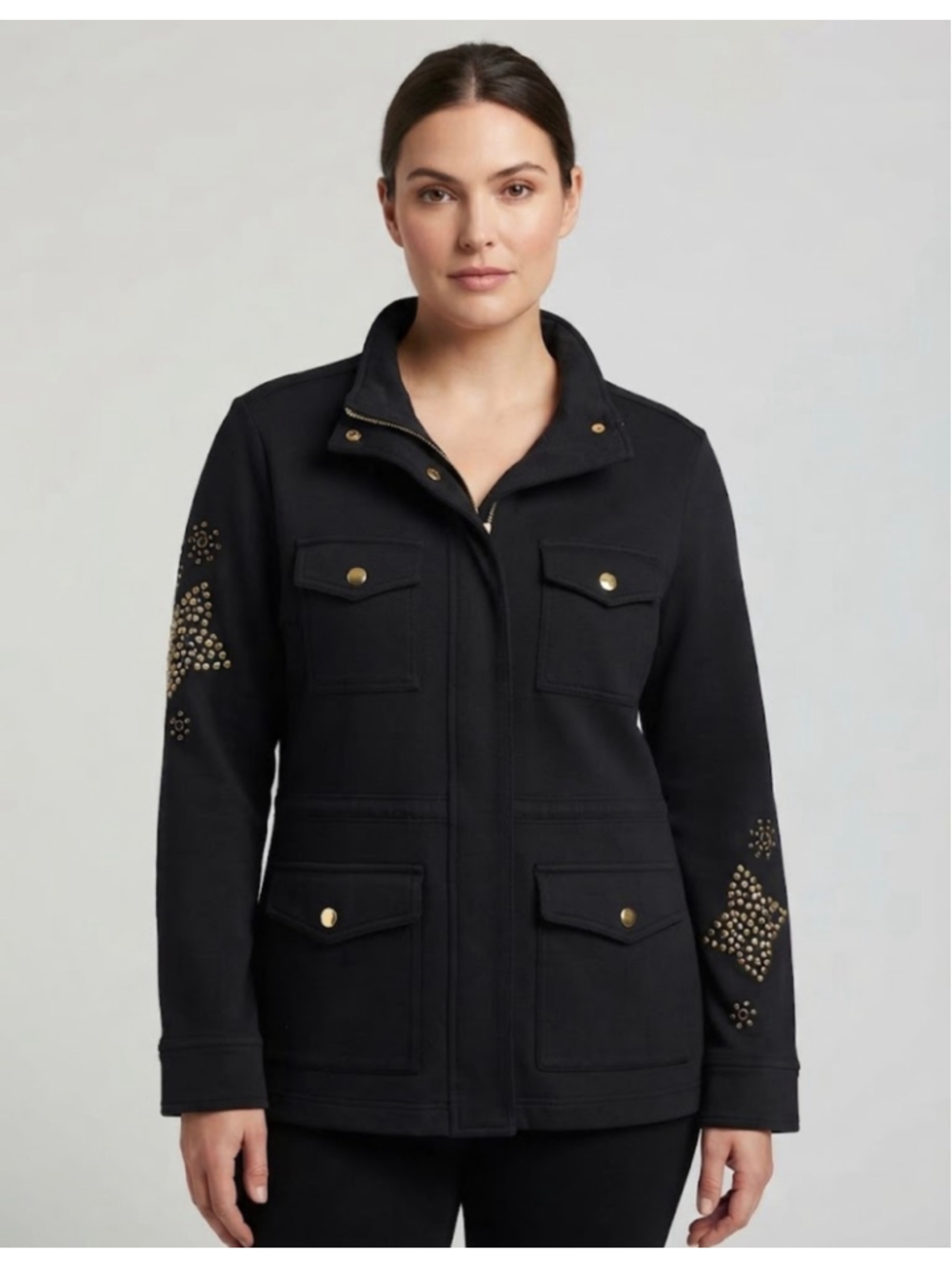 Boston Proper Utility Jacket, Size M, Black with Gold Studs
